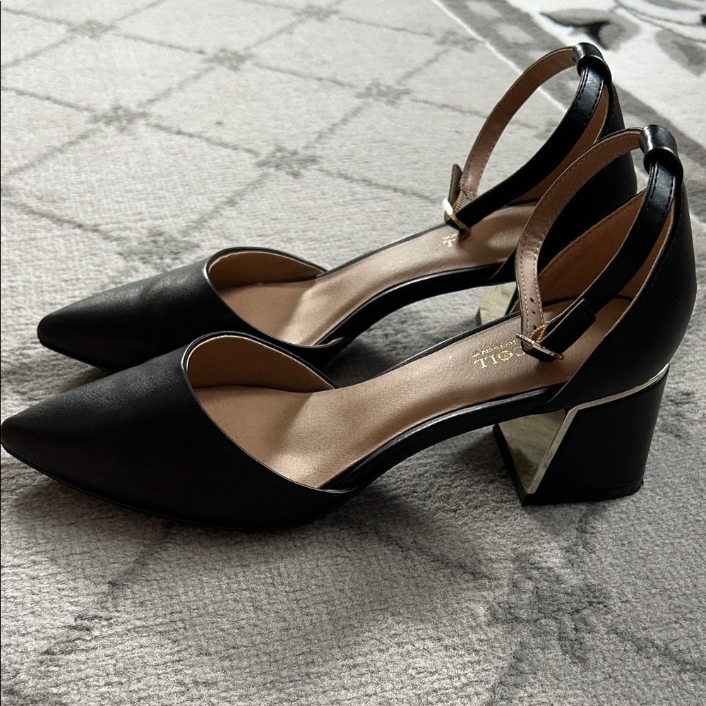 BCTEX COLL Pointed Toe Pumps with Ankle Strap and Chunky Heel